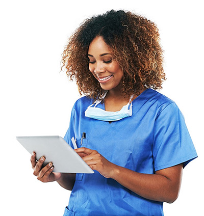Image of a woman in clinical uniform using a tablet