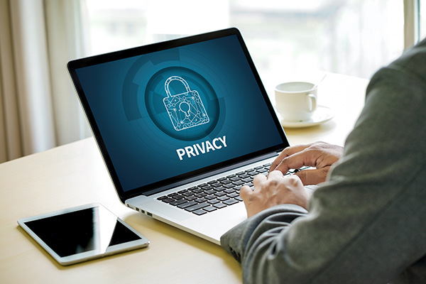 Image depicts a person using a laptop with the screen showing Privacy with a lock